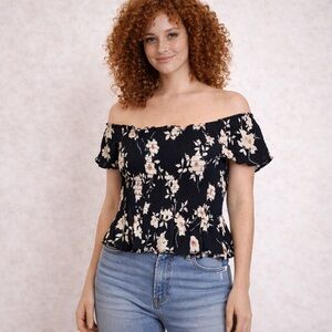 Ash & Violet L Black Floral Smocked Short Sleeved Top Cottage Core Boho Resort